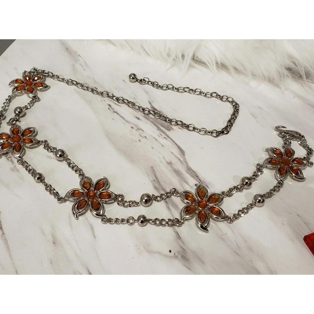 Vintage Y2K FLOWER LOTUS ORANGE RHINESTONE SILVER CHAIN BELT 90s 2000s